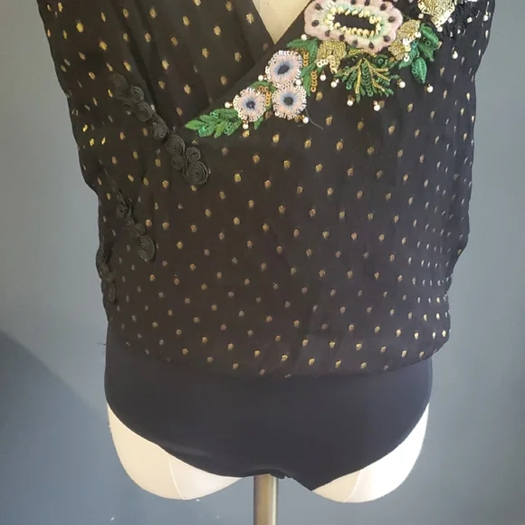 Zara Black Sleeveless Bodysuit with Green Embellishments Sz M - Picture 4 of 13